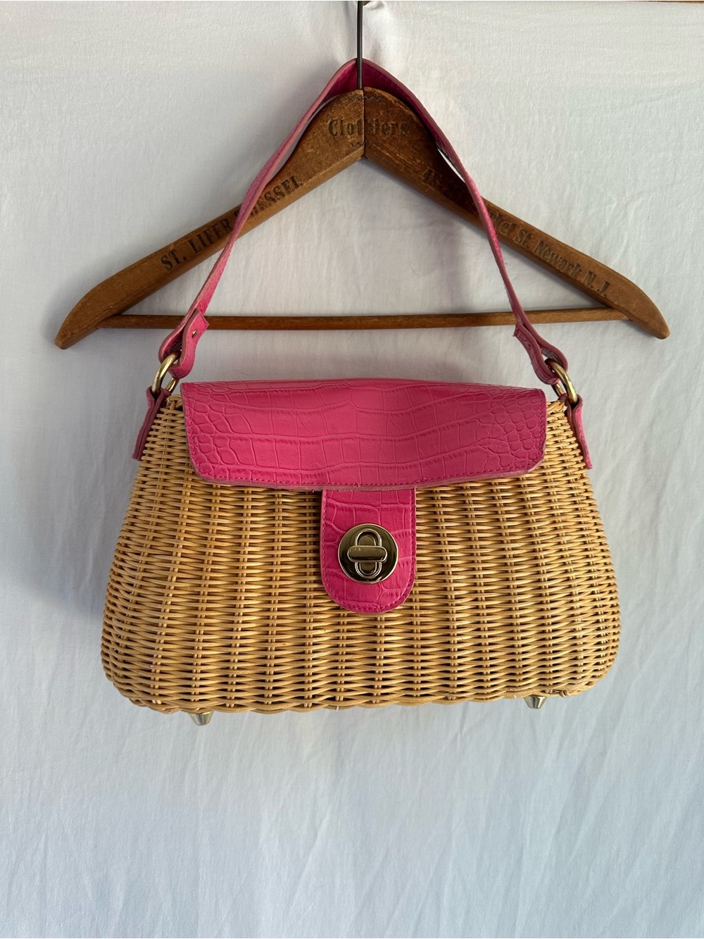 Vintage Wicker Basket Purse with Pink Croc Embossed Faux Leather
